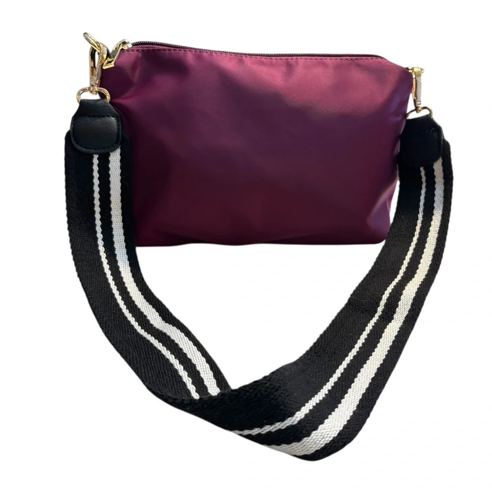 Nylon Crossbody Bag Purple Black White Striped Strap Gold-tone Hardware Zip Top
